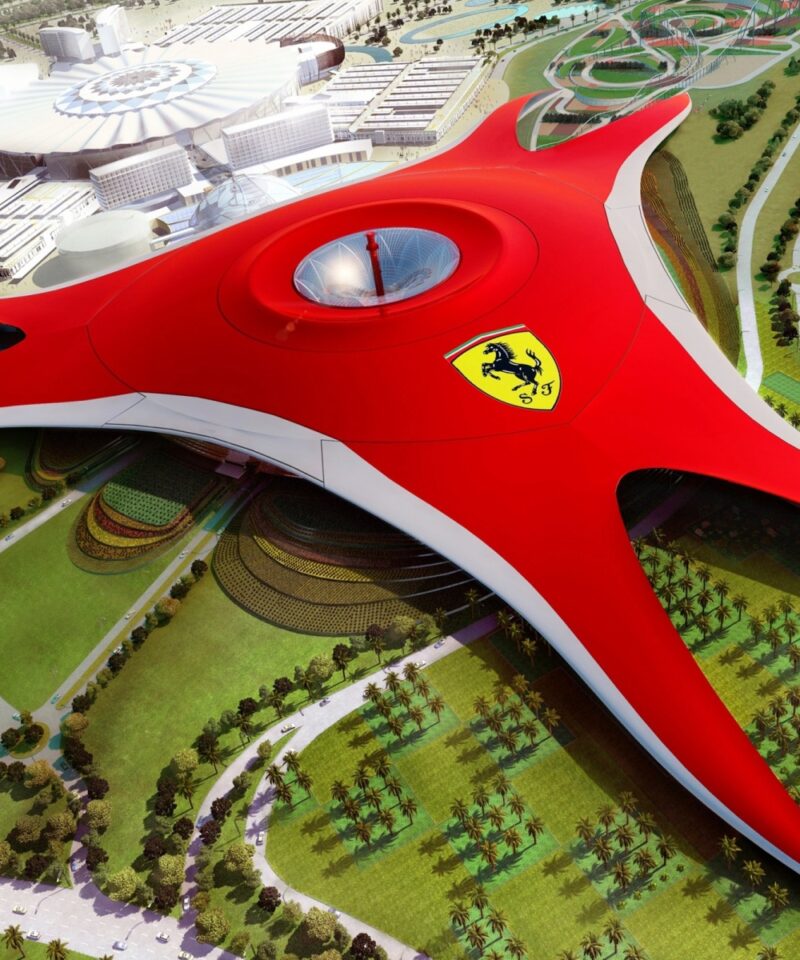 Ferrari World Abu Dhabi red roof aerial view on Yas Island for Ferrari World and Warner Bros World combo tickets
