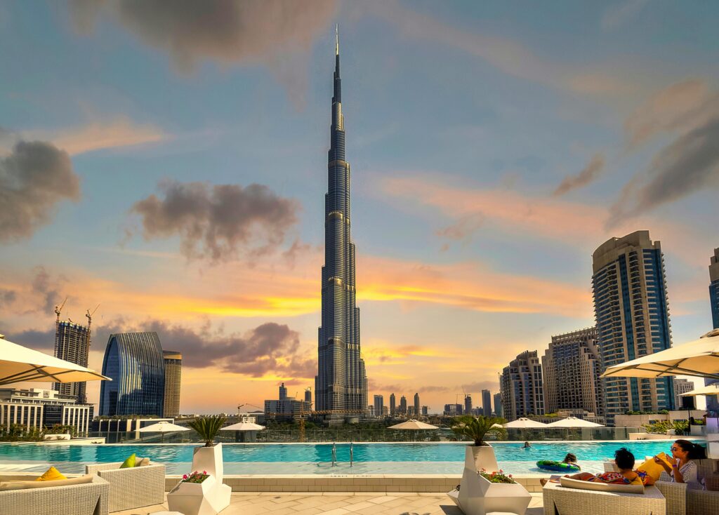 Burj Khalifa Dubai skyline view during sunset
