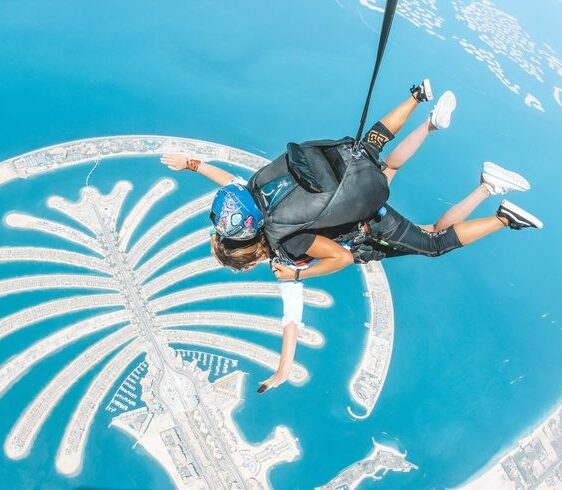 Skydive Dubai tandem jump over Palm Jumeirah with aerial island view