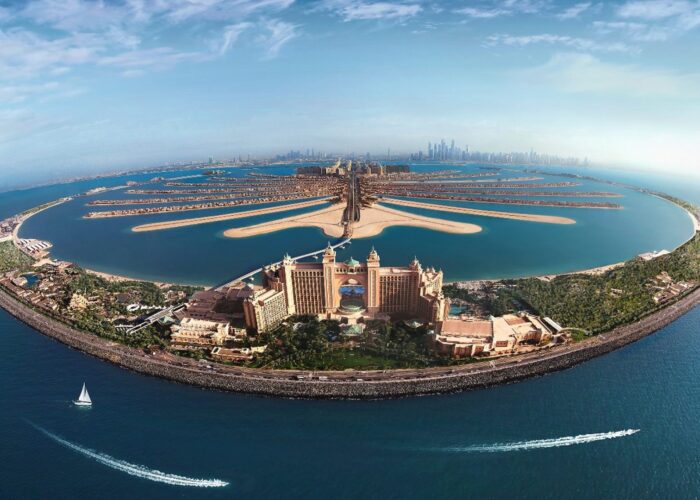 Aerial view of Palm Jumeirah from The View at The Palm observation deck Dubai