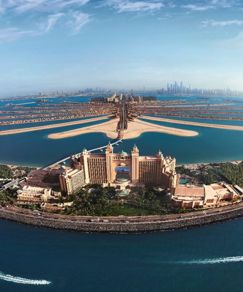 Aerial view of Palm Jumeirah from The View at The Palm observation deck Dubai