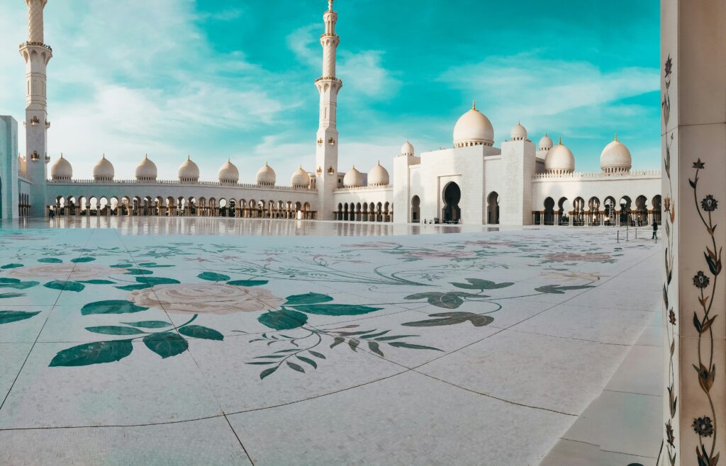 Sheikh Zayed Grand Mosque courtyard and architecture in Abu Dhabi