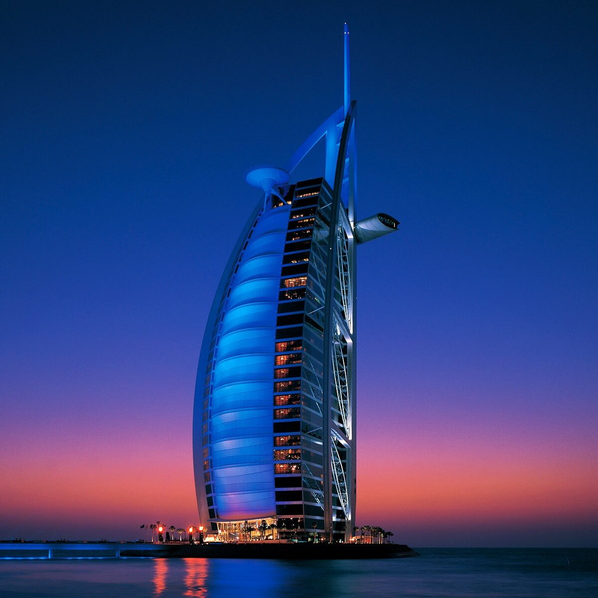 Burj Al Arab Dubai luxury hotel exterior at evening