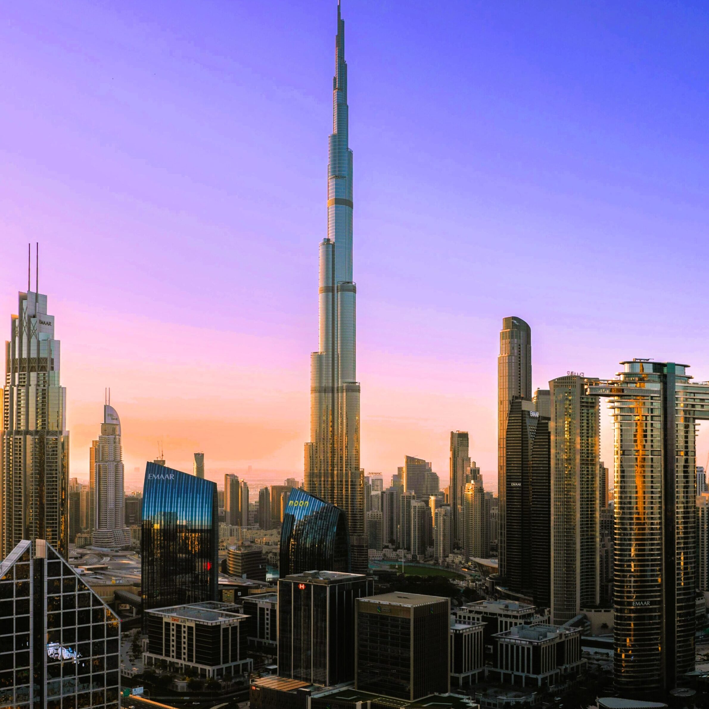 Dubai half day city tour view of Burj Khalifa and skyline at sunset