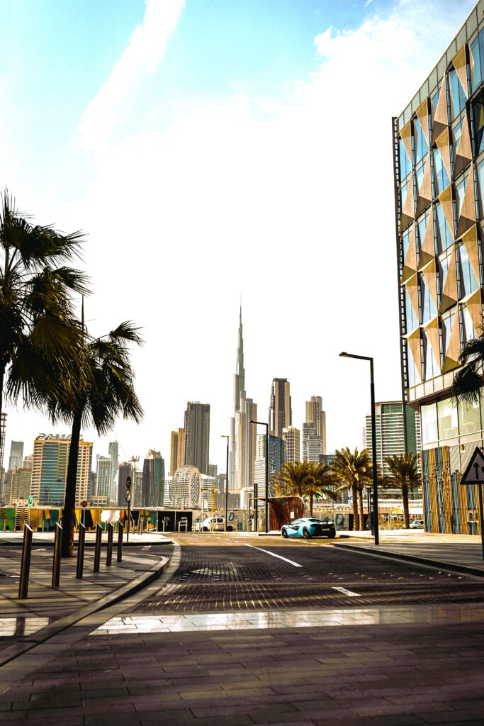 Dubai half day city tour street view with Burj Khalifa and downtown skyline