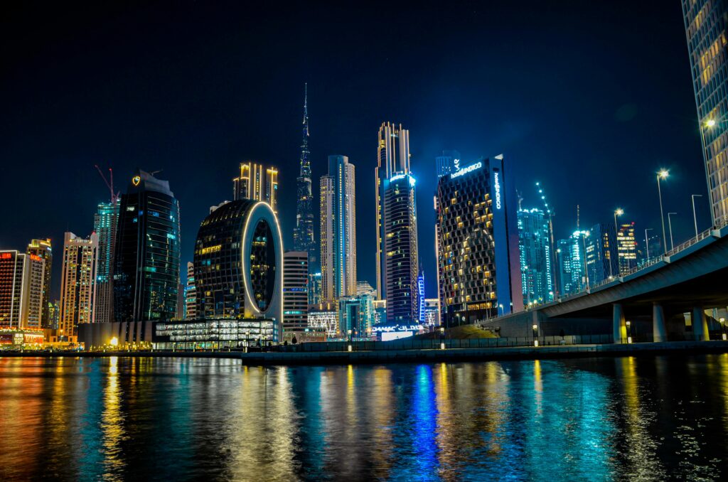 Dubai skyline view at night for Crocodile Park Dubai experience