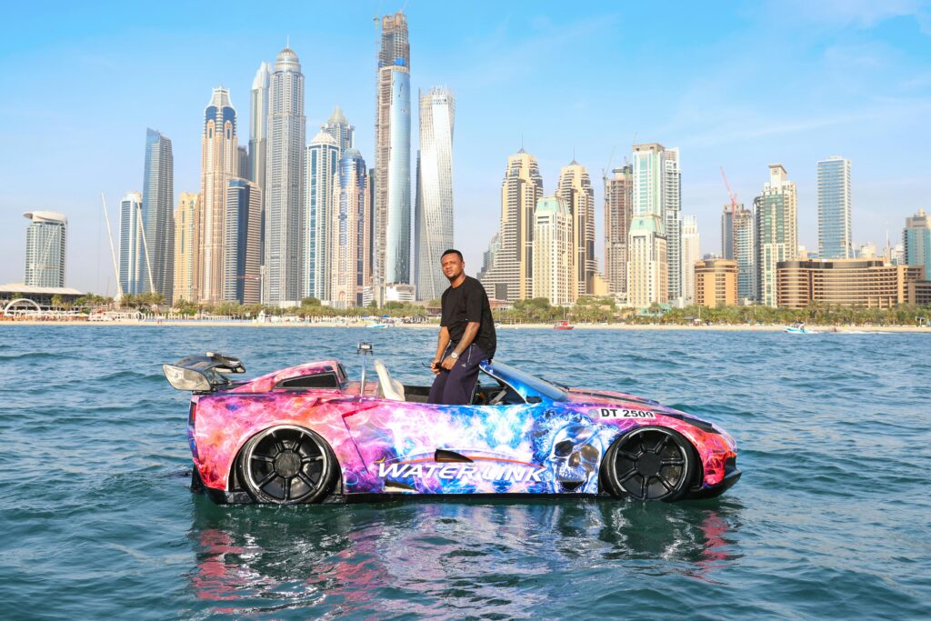 Jet car ride in Dubai Marina with skyline view