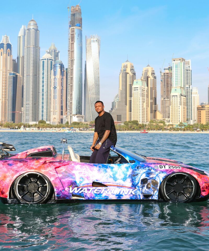 Jet car ride in Dubai Marina with skyline view