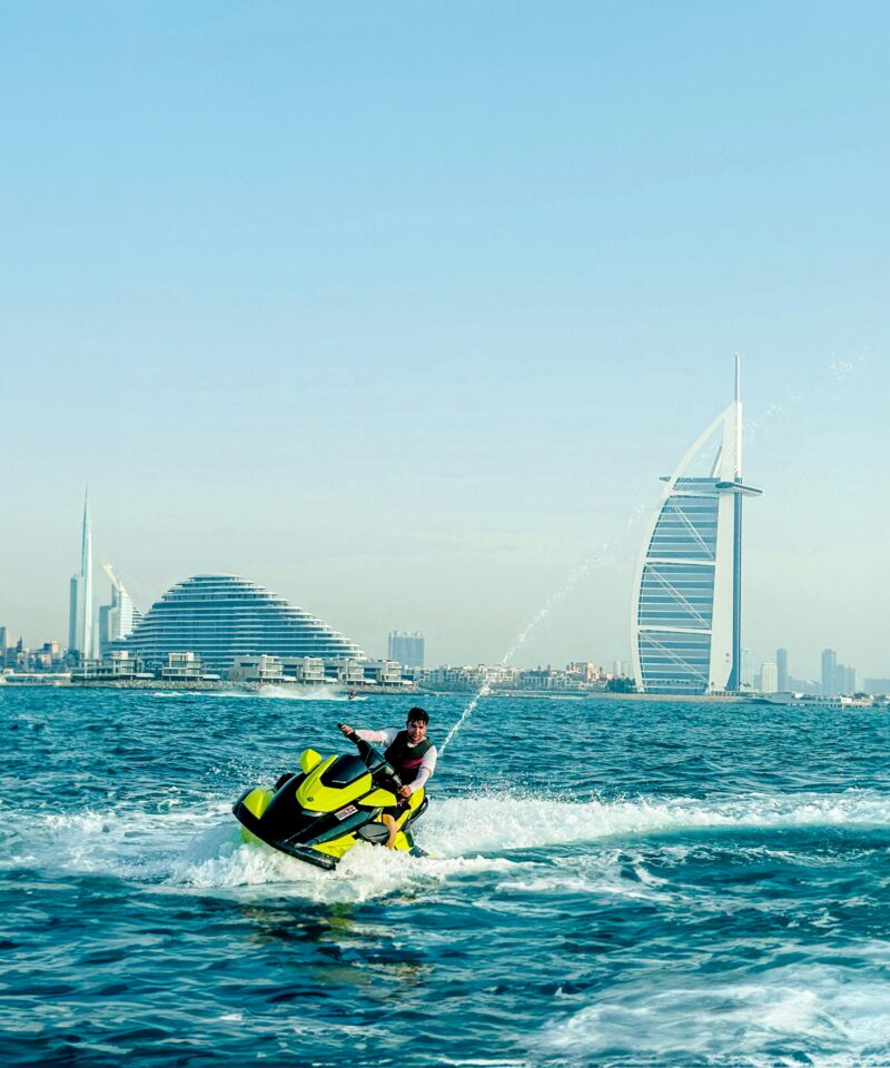Jet ski ride in Dubai near Burj Al Arab with city skyline view