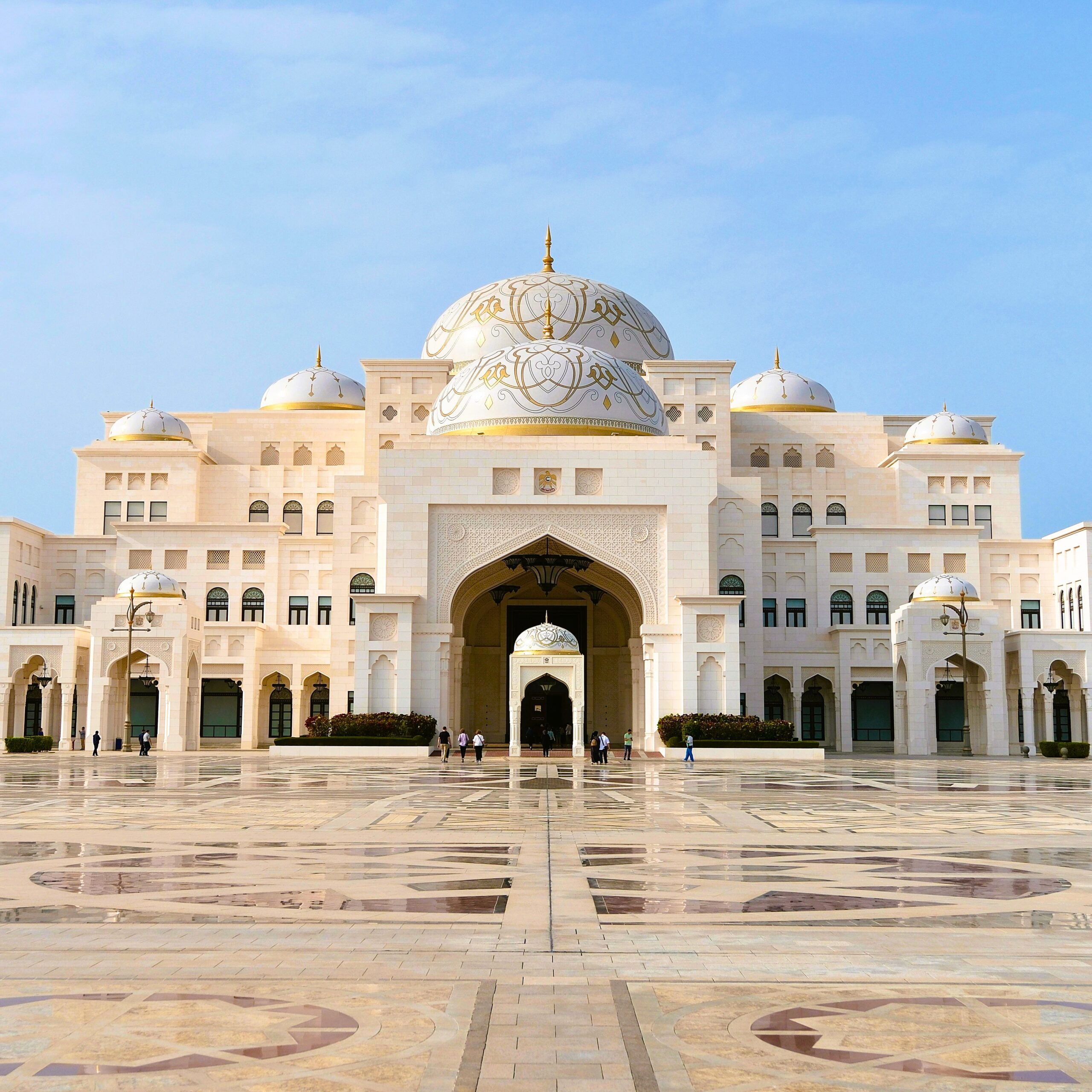Qasr Al Watan front facade with grand entrance and white domes in Abu Dhabi