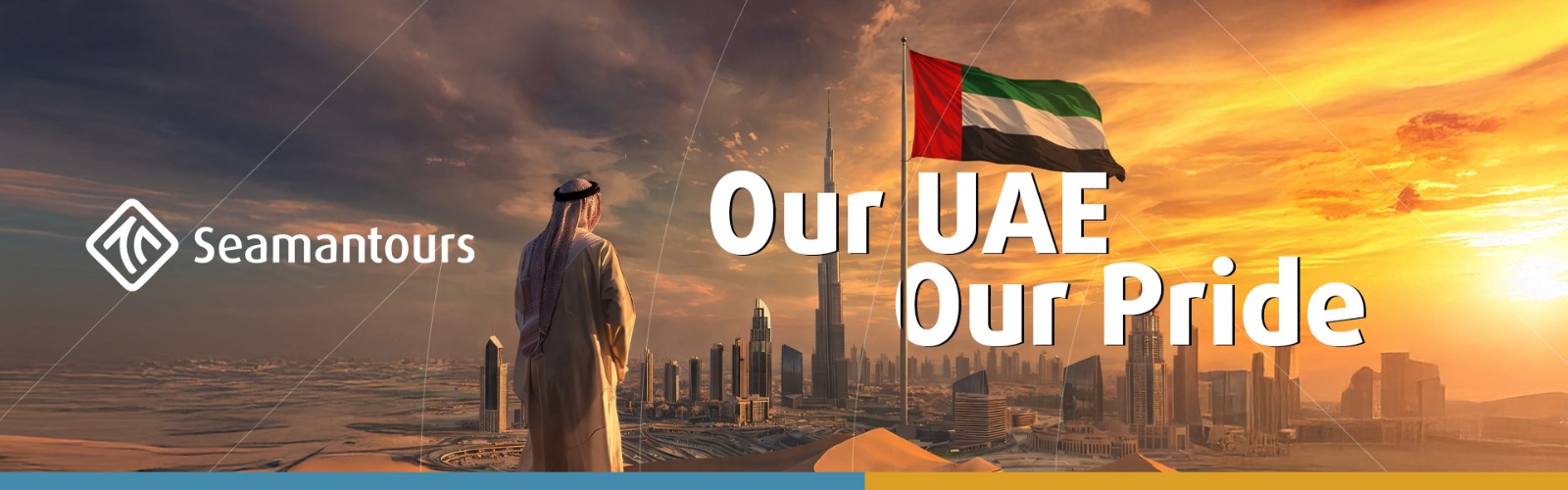 UAE flag with Dubai skyline at sunset and Burj Khalifa, Seaman Tours home page banner