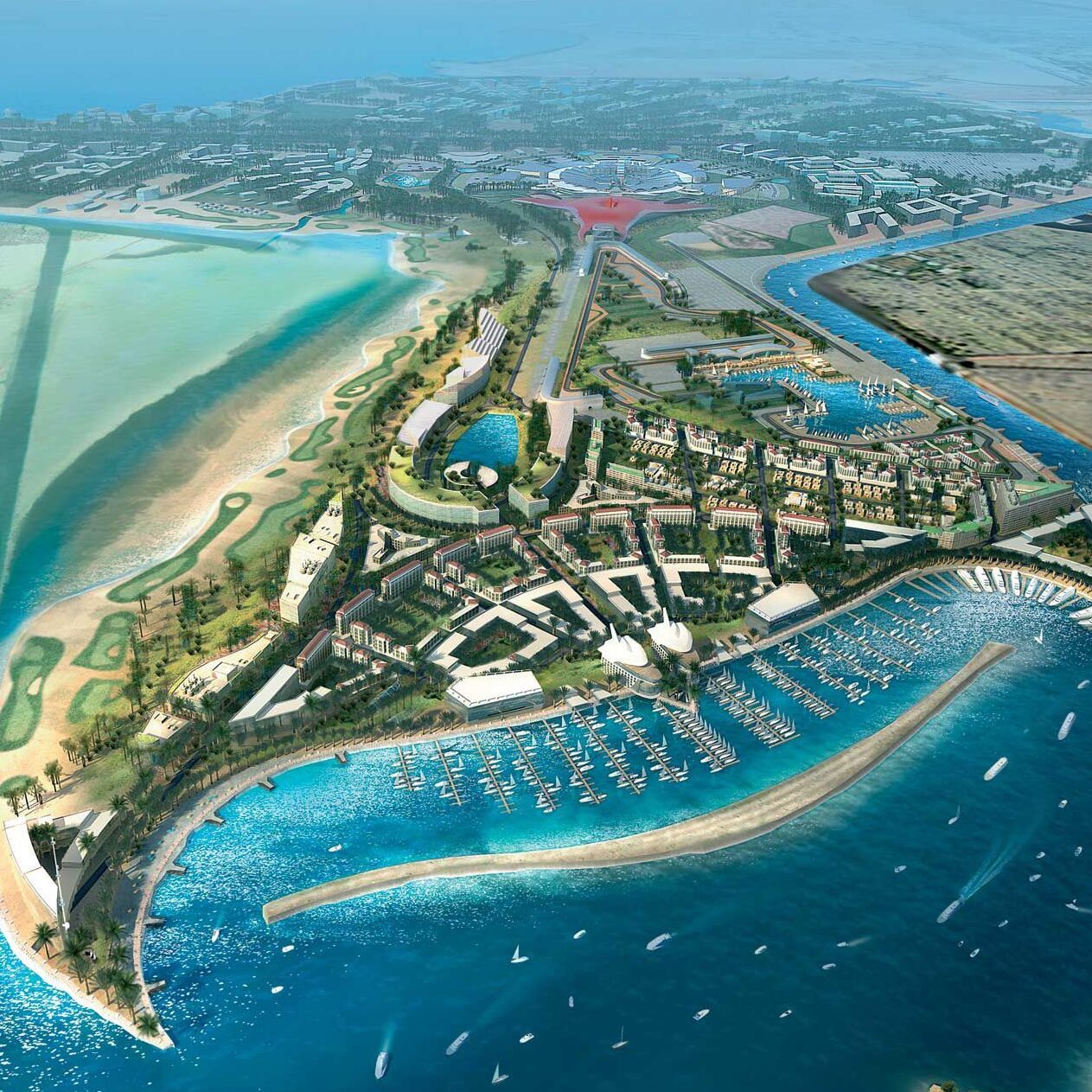 Yas Island theme parks aerial view Abu Dhabi