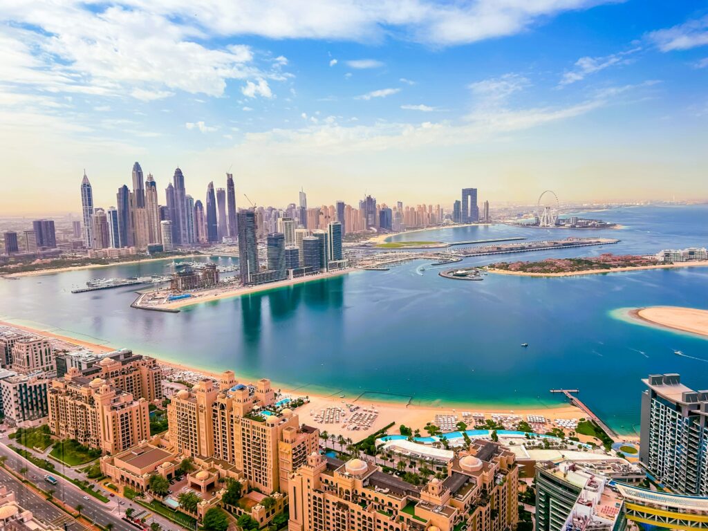 Helicopter sightseeing tour flying across Dubai skyline